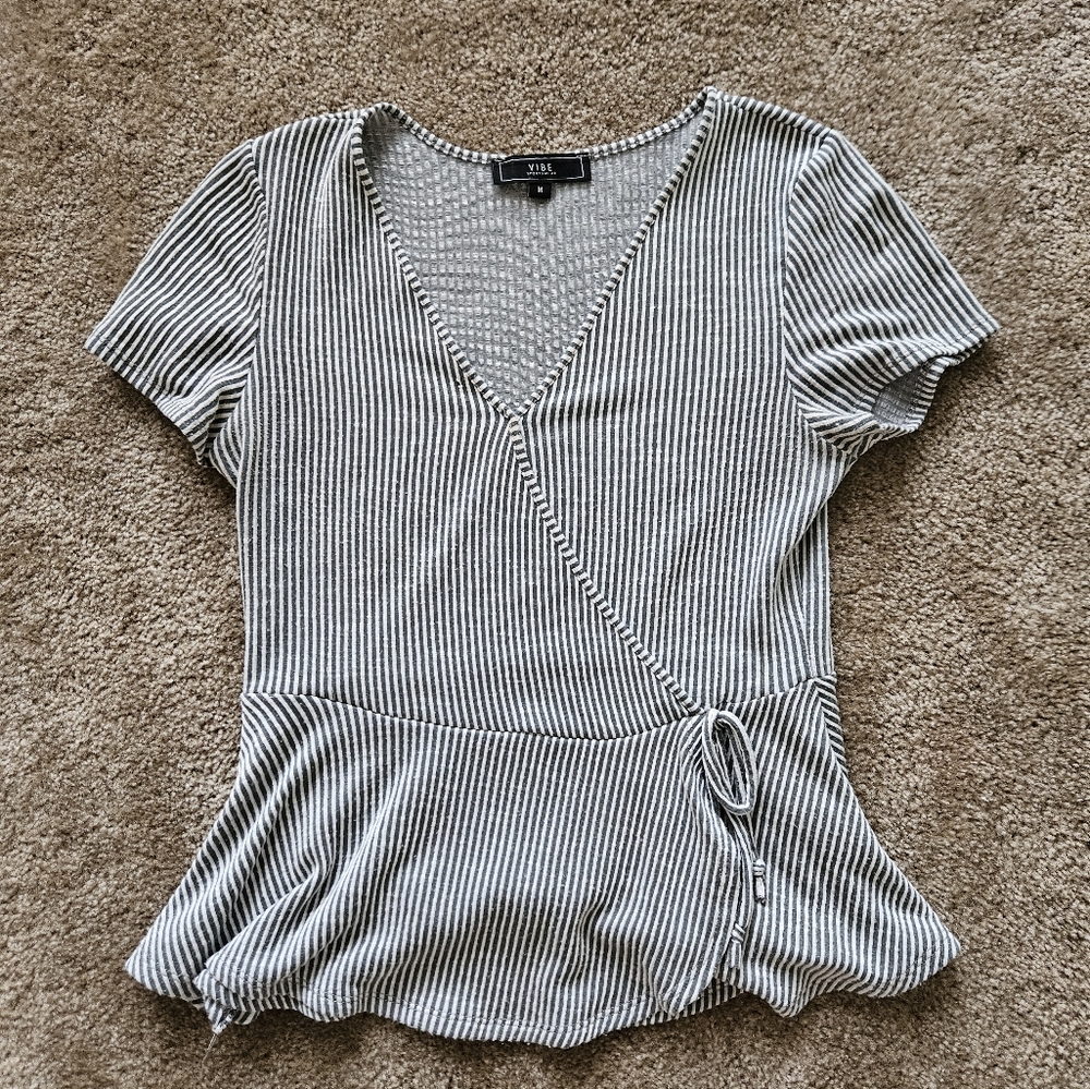 Vibe Gray Ribbed Bodysuit with Tie Front